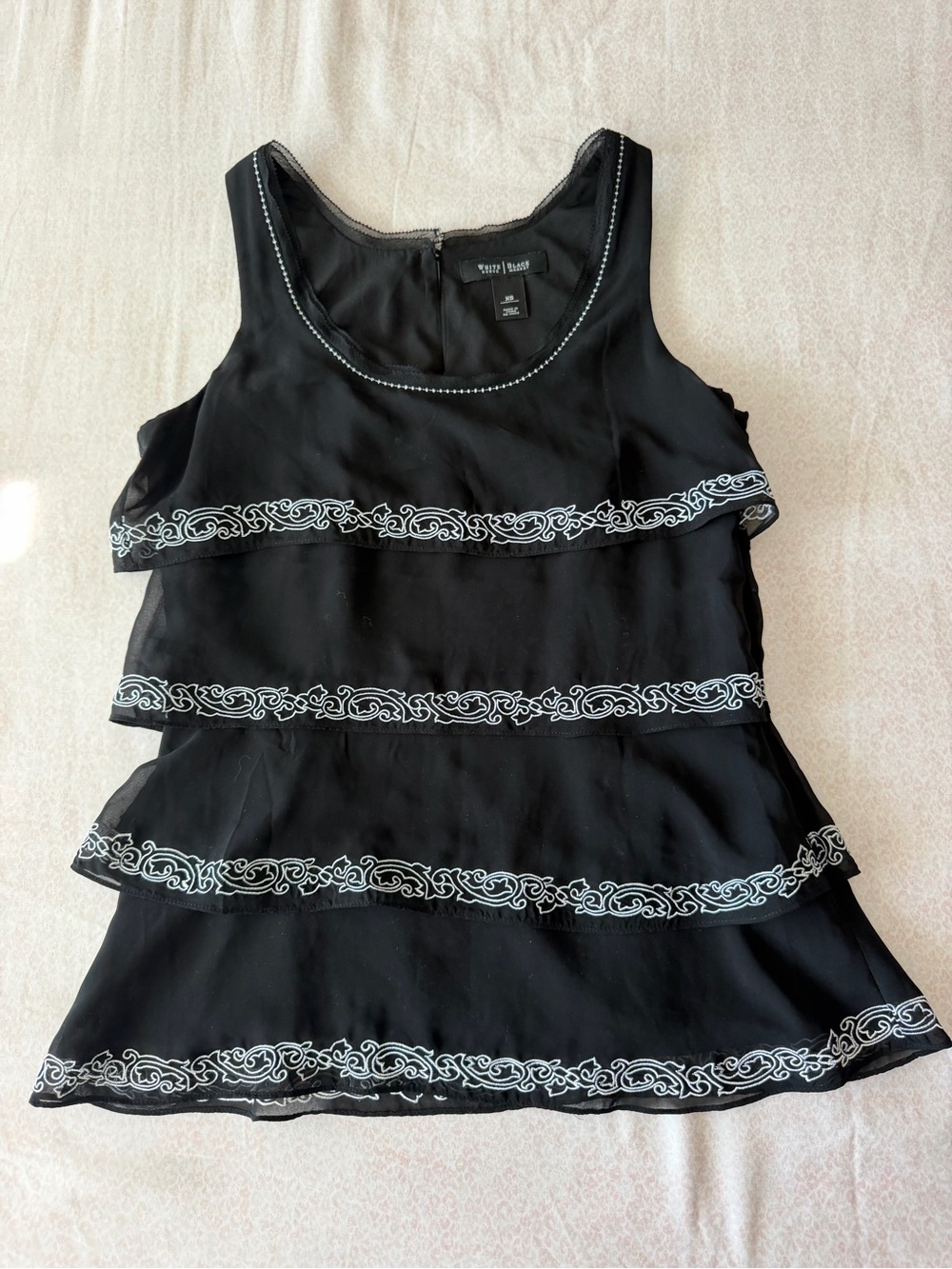 White House Black Market Black Tank Top with White Embroidered Tiers